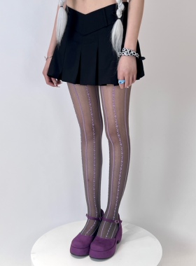 BON 复古芭蕾舞风甜酷辣妹丝袜独特花卉紫色竖条纹显瘦性感连裤袜