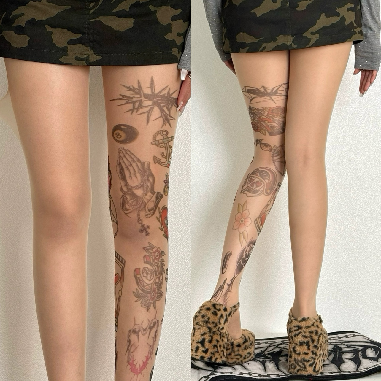 BON 自制荆棘红色爱心轻亚辣妹刺青丝袜亚文化穿搭性感纹身连裤袜