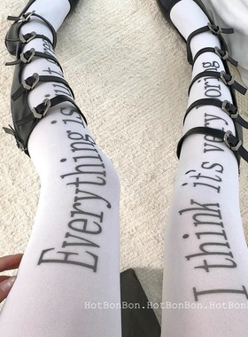 BON 叛逆少女甜酷丝袜潮流黑色英文字母白色连裤袜短句印花打底袜