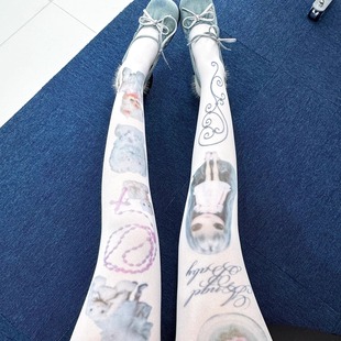 BON 日系萝莉塔甜酷可爱少女纯欲y2k白色娃娃印花打底袜千禧穿搭