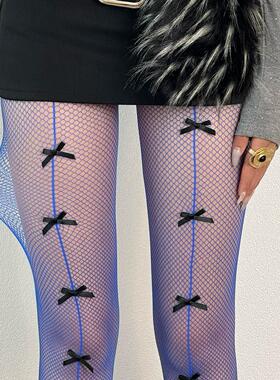 BON 亚文化辣妹蓝色网袜轻亚风性感蝴蝶结涩谷热辣连裤丝袜彩色女