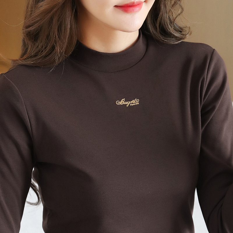 咖色纯色长袖大码修身内搭t恤衫