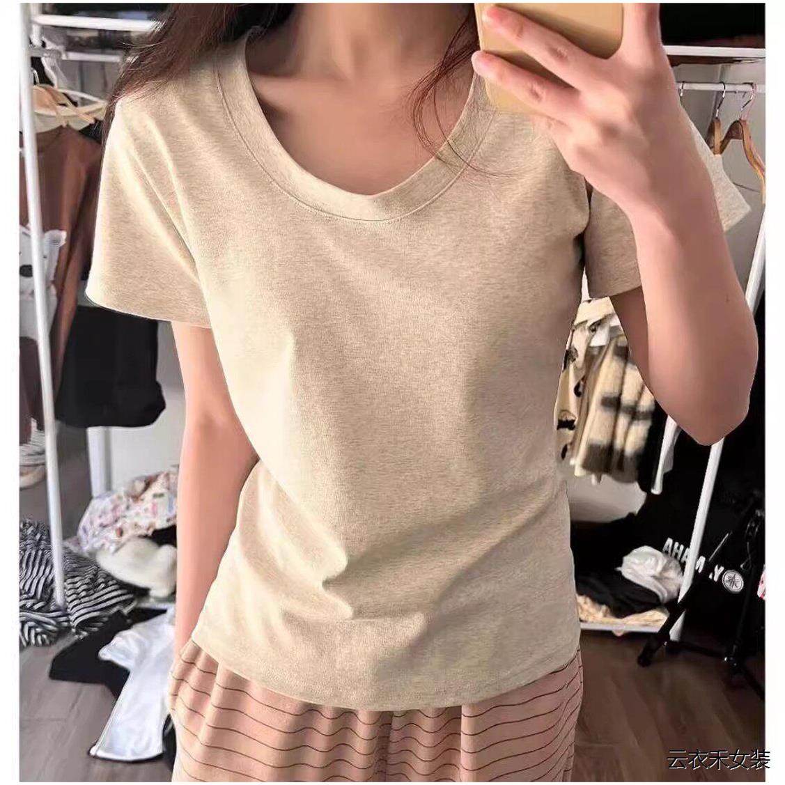 正肩修身显瘦短袖t恤女V