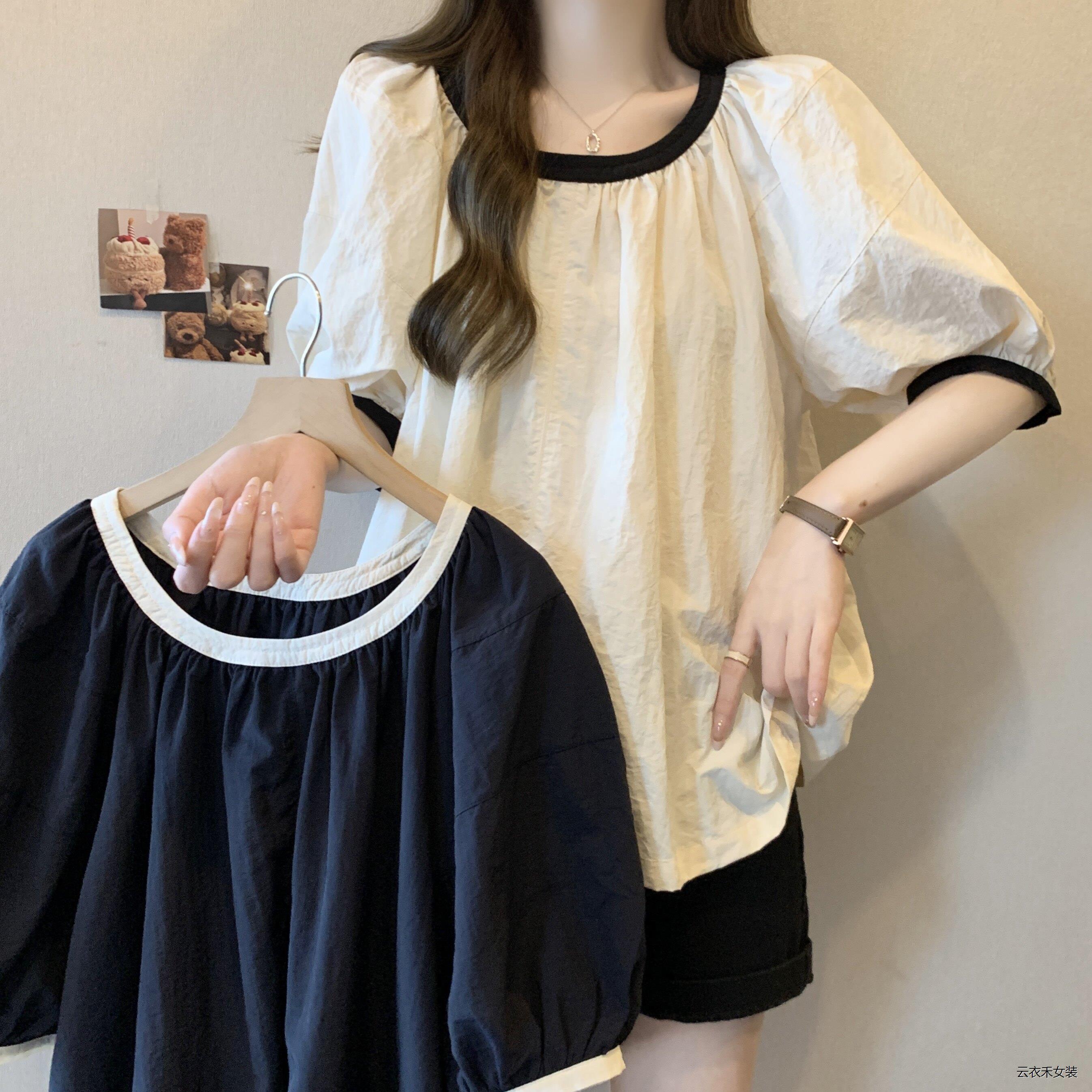 码泡袖雪纺衬衫女夏胖m宽