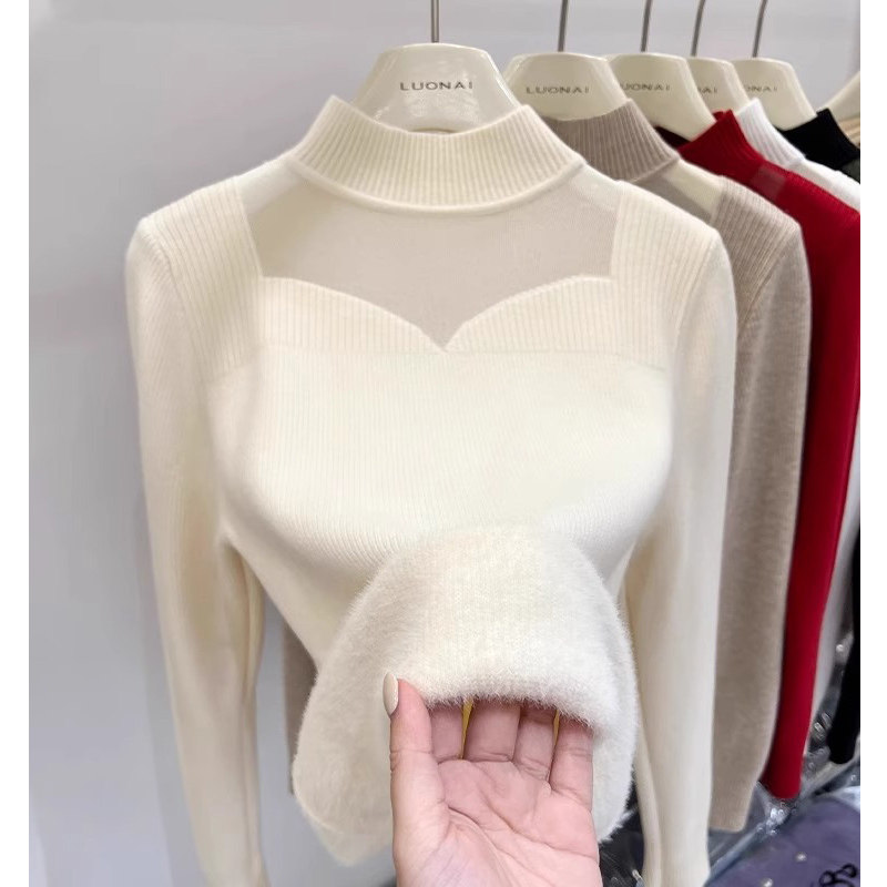 加绒毛衣女加厚冬季内搭一体绒小众设计感网纱上衣半高领打底衫女,女装/女士精品,大码内搭,淘宝优惠券,粉丝福利购,淘宝优惠卷