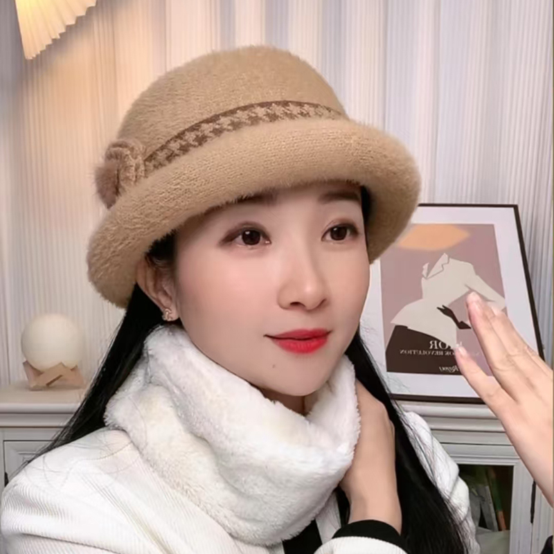 千鸟格卷边盆帽韩版红色氛围感女