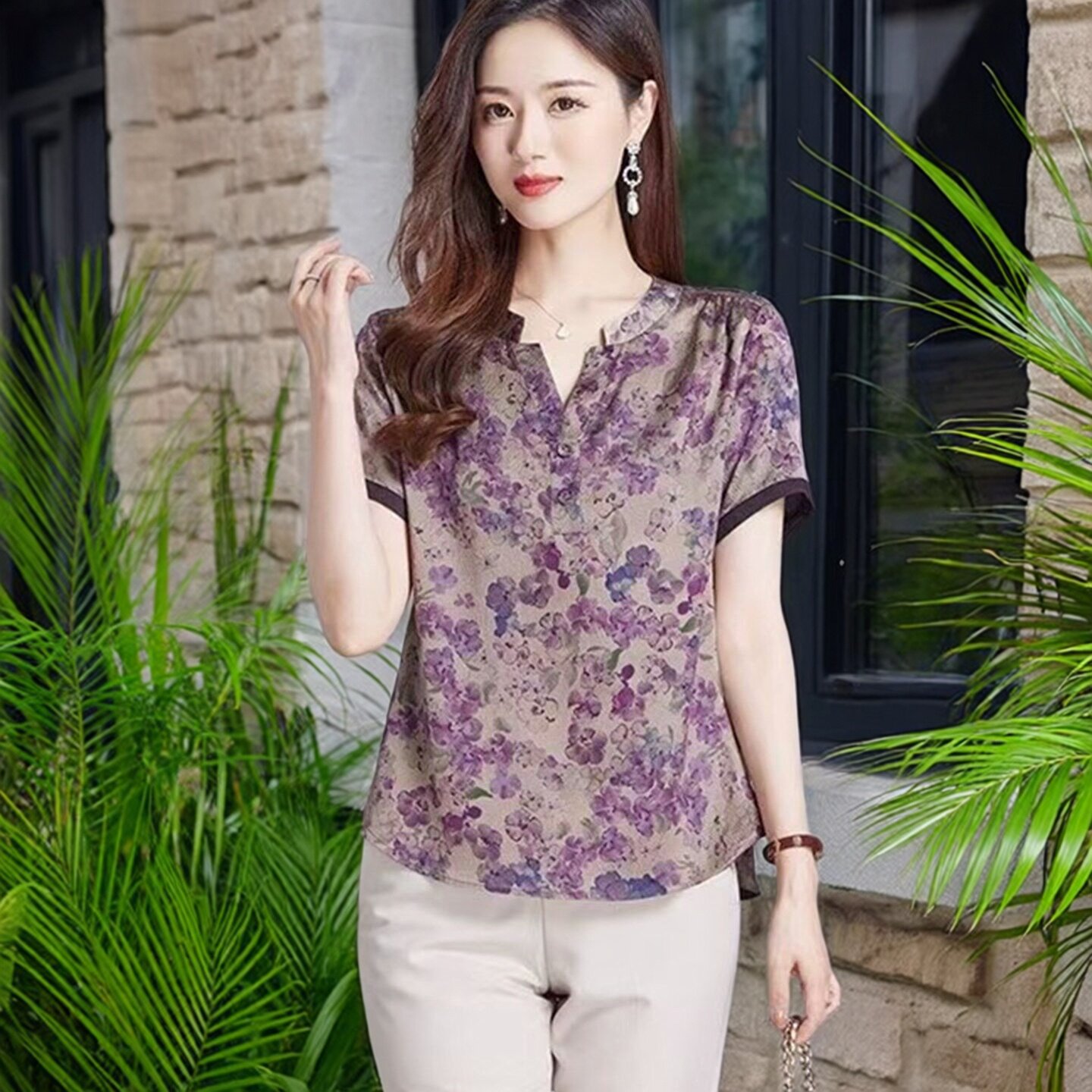 雪纺上衣女短袖2026夏季新款显瘦女士衬衫洋气妈妈遮肚子碎花小衫