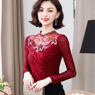 加绒/薄款 蕾丝打底衫女长袖2025春秋新款时尚洋气小衫女网纱上衣