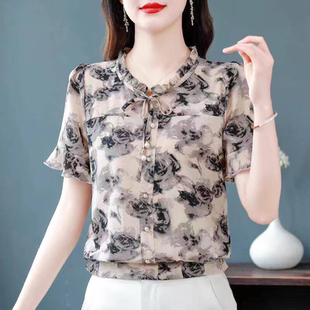 洋气碎花雪纺衫女短袖夏装宽松显瘦女士小衫中年妈妈短款上衣气质