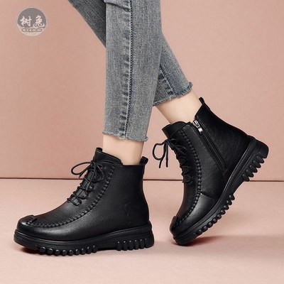 软皮靴子中年平底妈妈棉鞋马丁靴