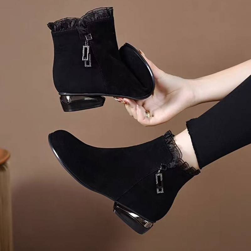 羊反绒软皮靴子真皮磨砂短靴2025秋冬季新款圆头粗跟水钻裸靴休闲,女鞋,棉鞋,淘宝优惠券,粉丝福利购,淘宝优惠卷