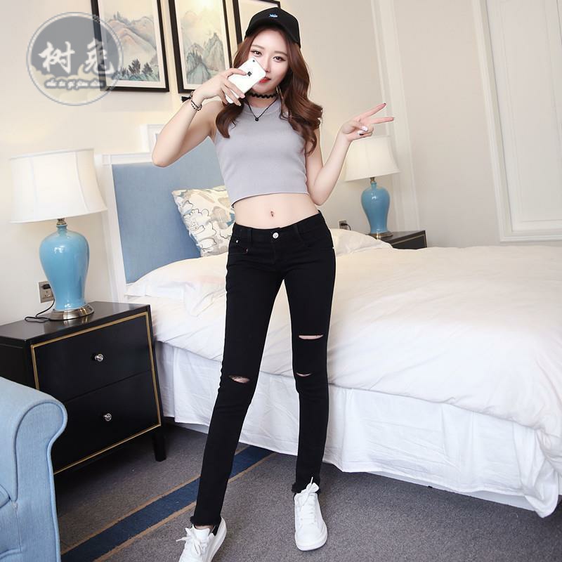 低腰牛仔裤女2023新款紧身破洞性感黑色弹力小脚学生百搭休闲长裤