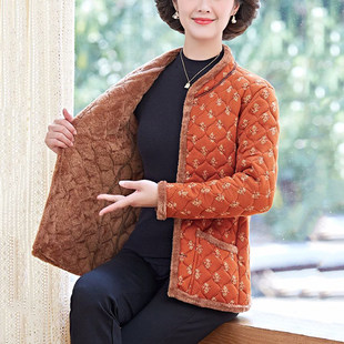中老年女装 防寒保暖复古花色棉袄妈妈冬装 加绒加厚棉服短外套大码