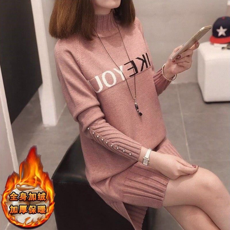 秋冬季新款下摆开叉针织毛衣裙女装加绒加厚中长版时尚打底衫毛衣,女装/女士精品,大码半身裙,淘宝优惠券,粉丝福利购,淘宝优惠卷