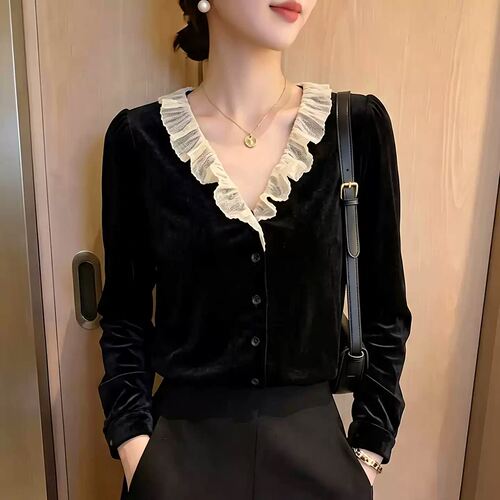 法式蕾丝v领衬衫女装长袖