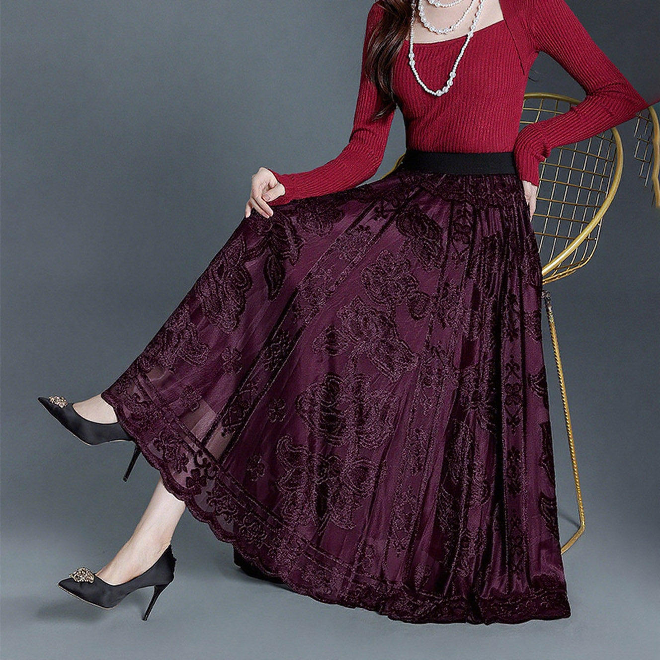 高腰a字大摆裙两面穿蕾丝半身裙女秋冬新款气质长裙垂坠感百褶裙,女装/女士精品,大码半身裙,淘宝优惠券,粉丝福利购,淘宝优惠卷