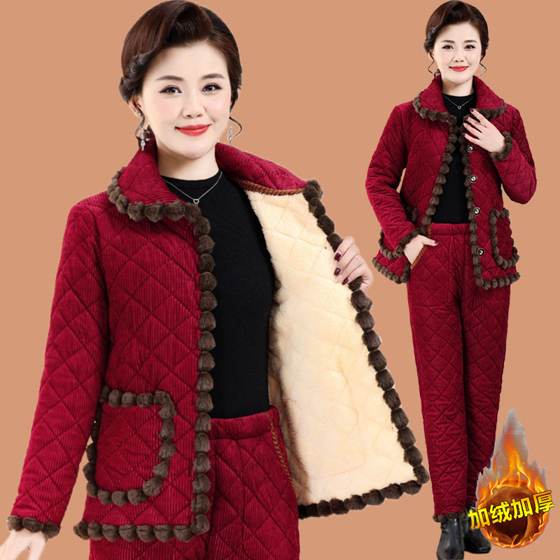 妈妈冬装加绒加厚棉衣棉裤两件套