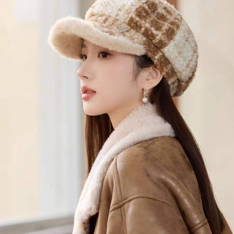 毛绒边格纹鸭舌帽子女士秋冬季2026新款画家帽时尚优雅防晒八角帽,运动包/户外包/配件,运动帽,淘宝优惠券,粉丝福利购,淘宝优惠卷