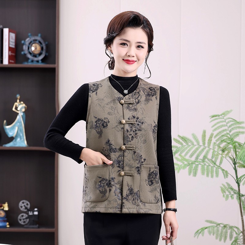 中老年妈春秋装印花盘扣马