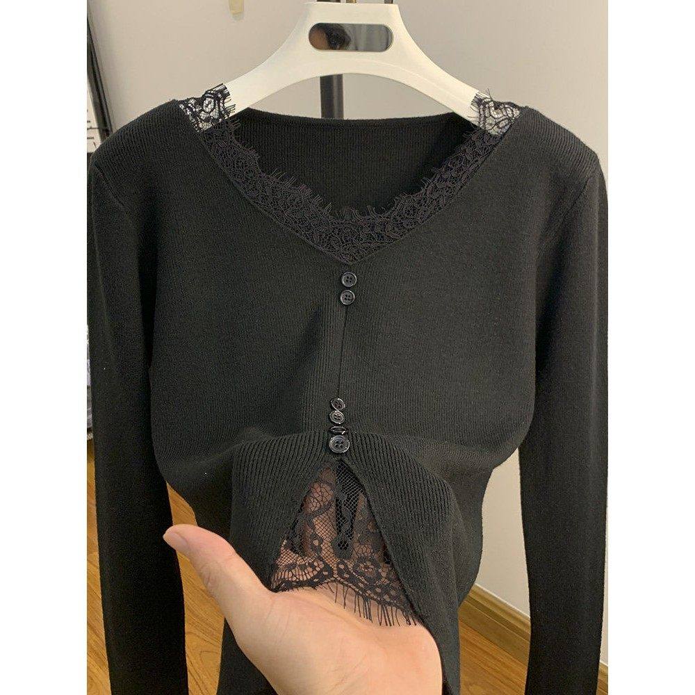 别致修身打底衫内搭毛衣红色圣诞氛围感蕾丝V领长袖针织衫女冬季,女装/女士精品,大码内搭,淘宝优惠券,粉丝福利购,淘宝优惠卷