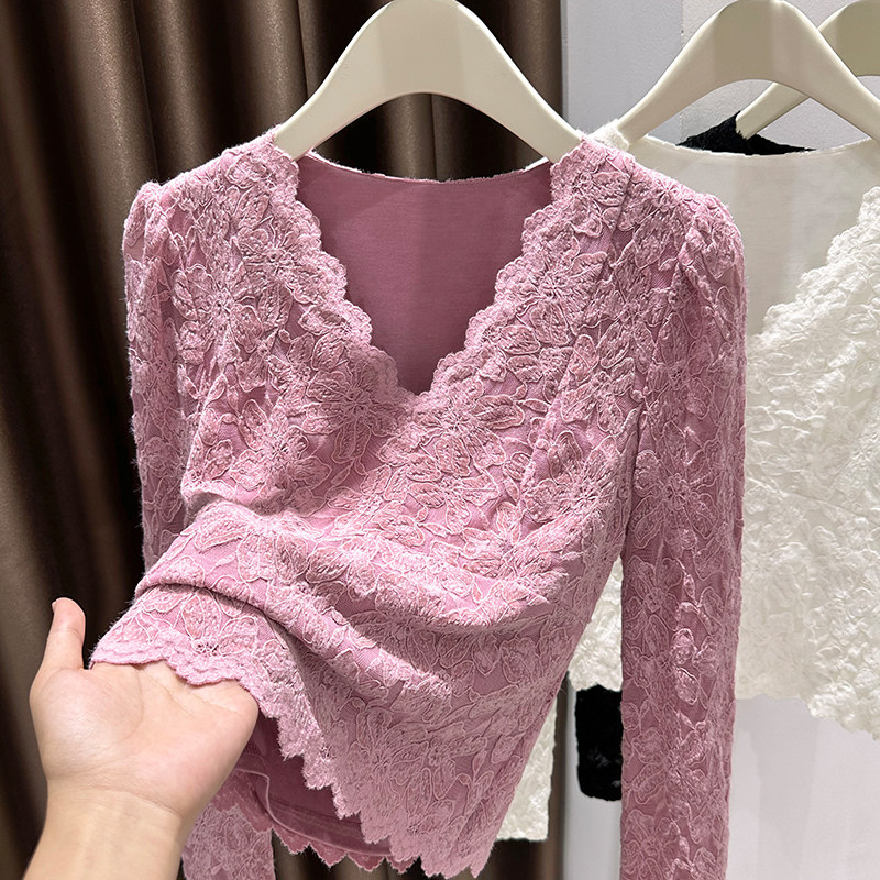 粉色高级感精致提花蕾丝拼接打底衫女优雅内搭T恤V领长袖性感上衣,女装/女士精品,羊绒衫,淘宝优惠券,粉丝福利购,淘宝优惠卷