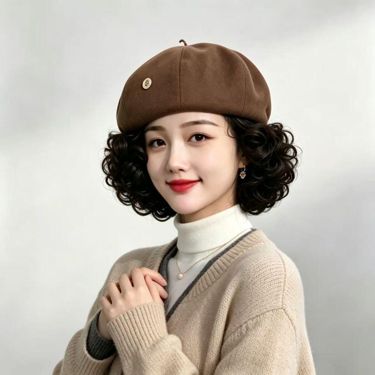 2026新款假发一体贝雷帽时尚百搭真翻翘假发妈妈帽子高级优雅女帽