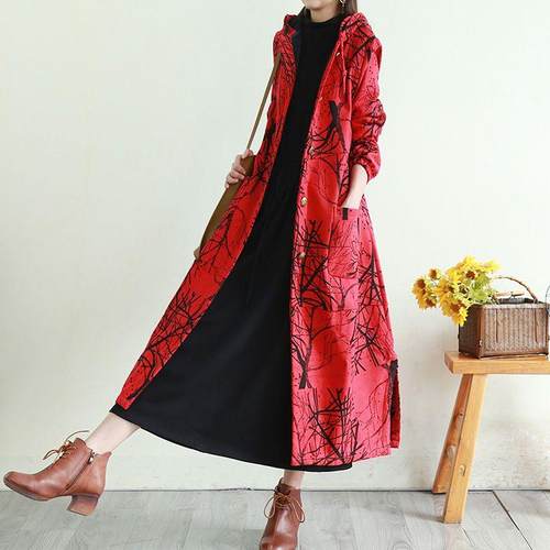 复古文艺加绒外套秋冬季印花风衣