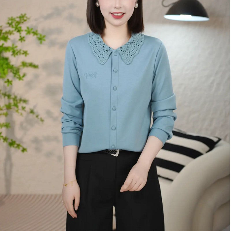 2026秋季新款时尚妈妈洋气减龄花边翻领上衣女士百搭显瘦长袖T恤