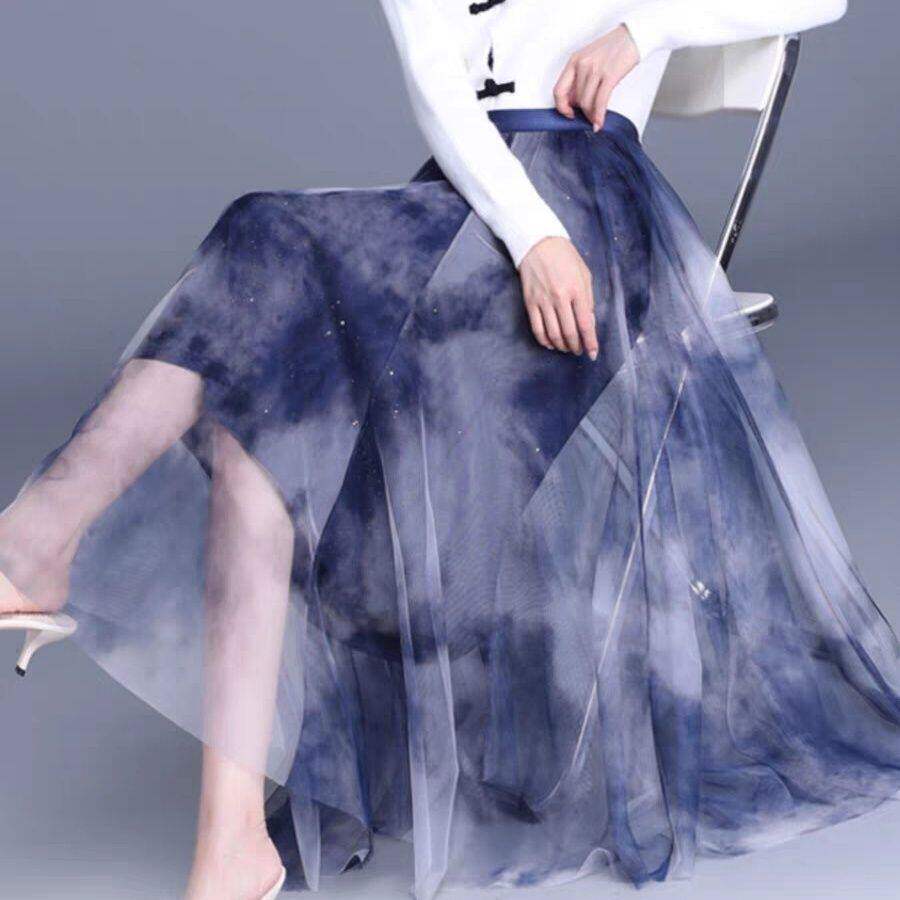 中式国风印花网纱半身裙水墨画新款2026高腰显瘦中长裙百褶a字裙