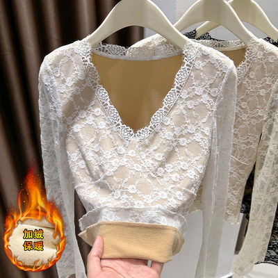 蕾丝打底衫女冬加绒加厚网纱内搭