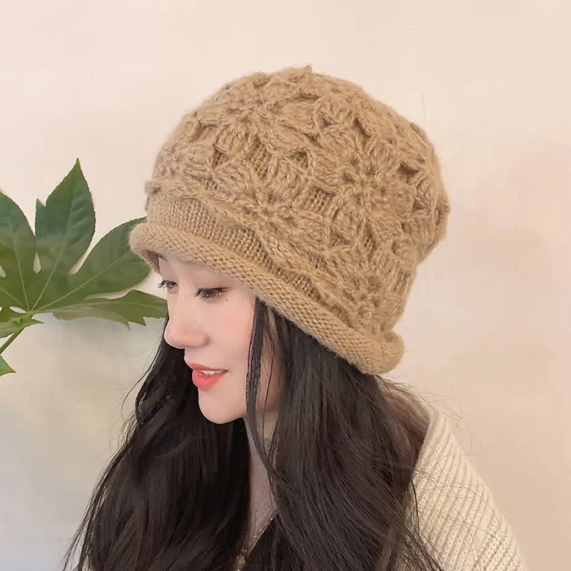 针织毛线帽女手工钩花保暖护耳套头帽冬季洋气显脸小卷边包头帽子,运动包/户外包/配件,运动帽,淘宝优惠券,粉丝福利购,淘宝优惠卷