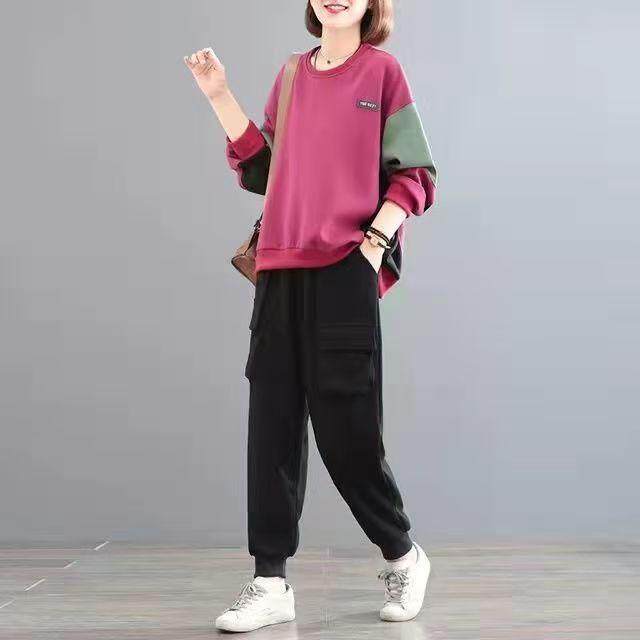 中年女士秋款圆领宽松卫衣套装妈妈大码休闲运动上衣服两件套秋冬