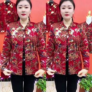 新春本历年加绒打底衫冬季民族风时尚小衫盘扣花色中老年妈妈衣服