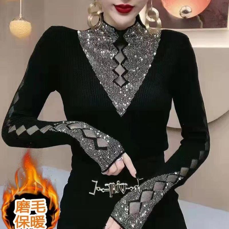 2025秋装打底衫女新款潮洋气镂空网纱拼接镶钻女人蕾丝衫/雪纺衫,女装/女士精品,羊绒衫,淘宝优惠券,粉丝福利购,淘宝优惠卷