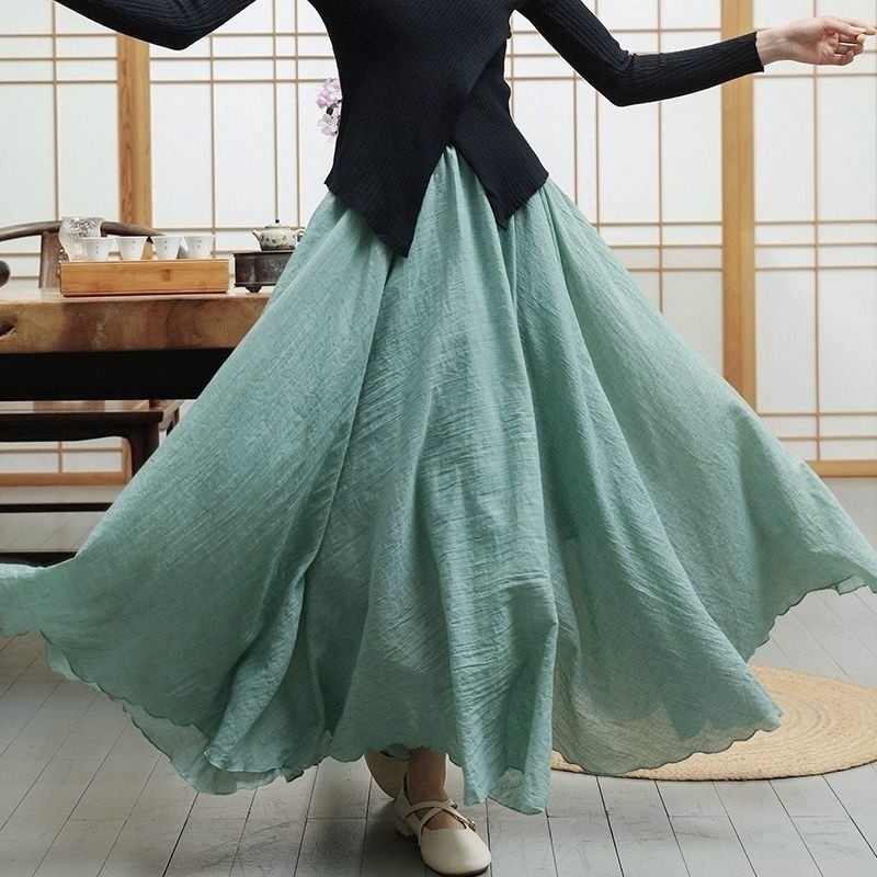 新中式双层女裙夏季禅意风女装长裙大摆高腰显瘦飘飘裙棉麻半身裙,女装/女士精品,大码半身裙,淘宝优惠券,粉丝福利购,淘宝优惠卷