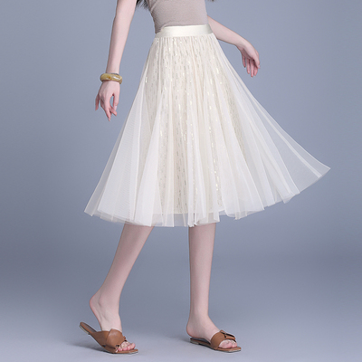 百褶纱裙中长款白色半身20