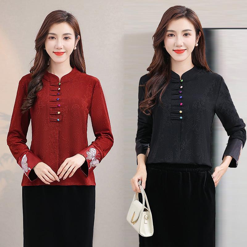 国风重工刺绣提花立领打底衫文艺