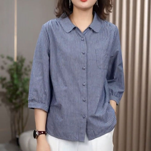 蓝色条纹七分袖衬衫女夏季