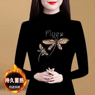 半高领镶钻打底衫加绒加厚长袖t恤女中年妈妈装遮肚黑色保暖上衣