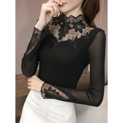 常规加绒新款网纱打底衫女