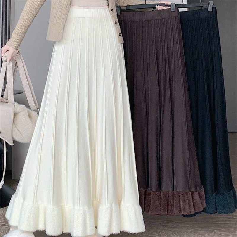 木耳边仿水貂绒拼接针织半身裙秋冬大码女装软糯百褶裙中长A字裙,女装/女士精品,大码半身裙,淘宝优惠券,粉丝福利购,淘宝优惠卷