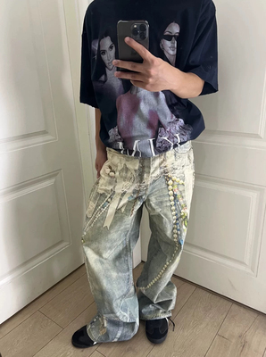 AC风格25FW 蕾丝珍珠链条3D打印印花直筒弯刀牛仔裤jennie同款