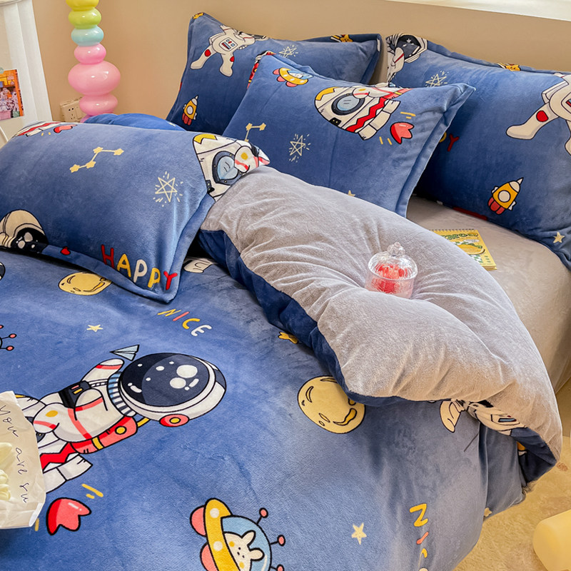 2025卡通牛奶绒被套单件冬季加厚双面珊瑚绒宿舍被罩枕套三件套