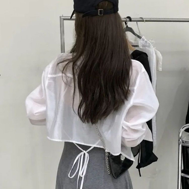 黑色防晒开衫短款衬衫衣女外穿后绑带设计感夏季轻薄宽松衬衣外套