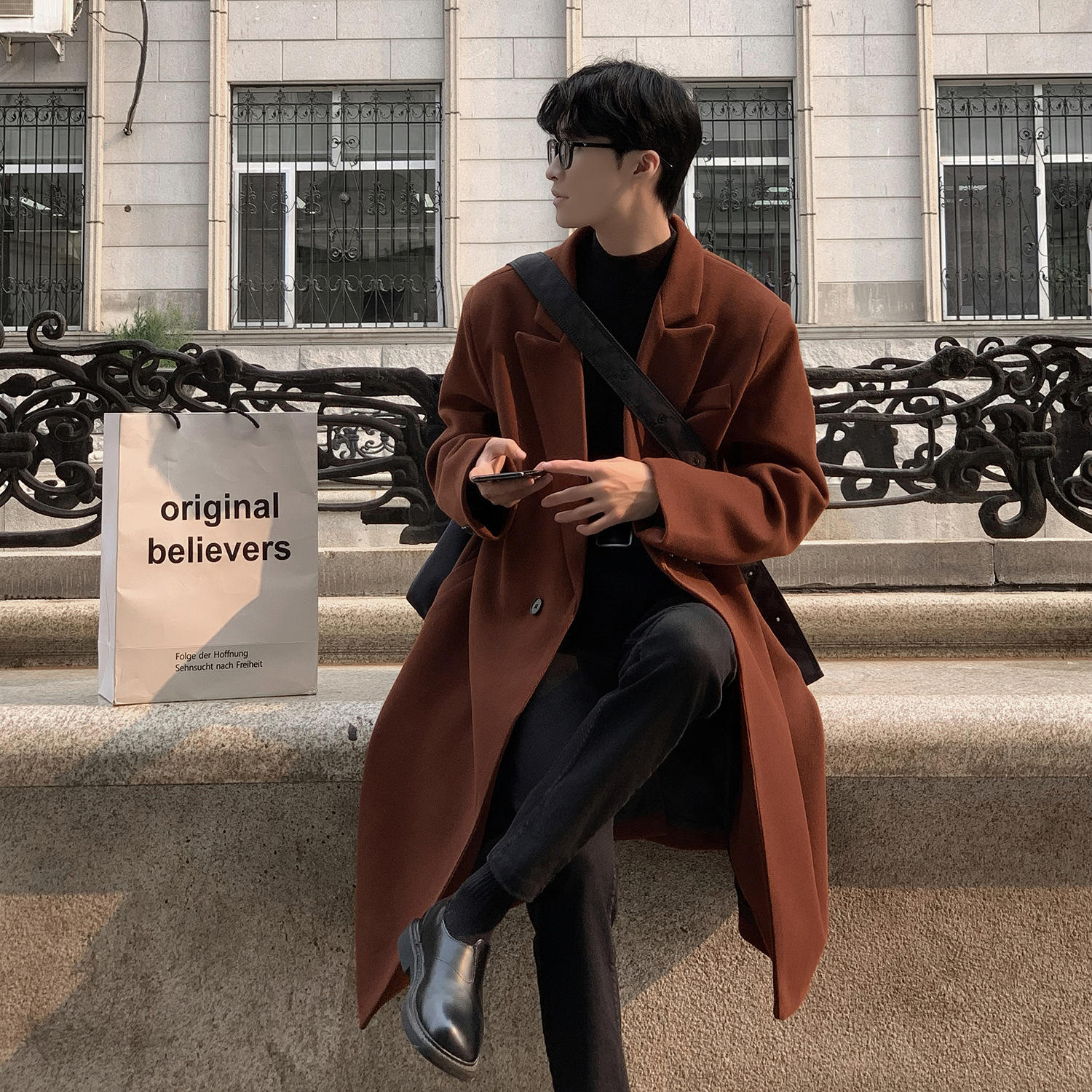 冬季毛呢大衣男中长款垫肩过膝加