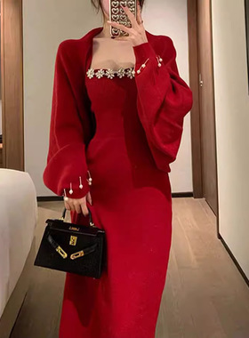 成熟御姐搭配一整套女装气质名媛红色连衣裙两件套装女秋冬