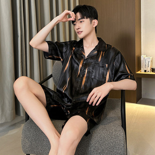 夏季短袖睡衣男开衫冰丝青少年加肥加大码短裤男士睡衣家居服套装