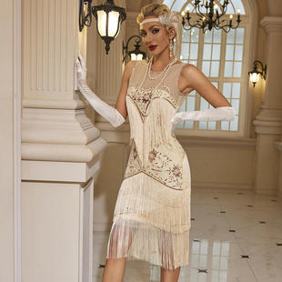 欧美复古盖茨比舞会礼服舞裙圆领亮片珠绣流苏背心大码连衣裙