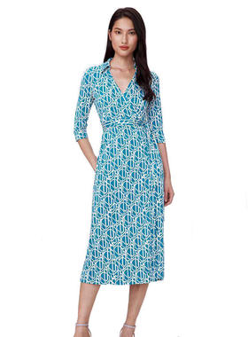 夏季新款气质连衣裙蓝色几何印花翻领七分袖收腰绑带包臀裹身裙女