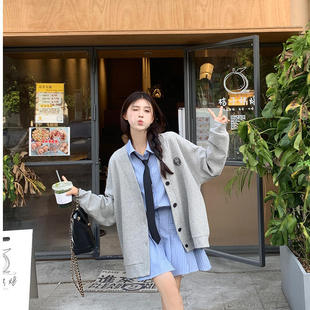 学院风套装棒球服开衫灰色卫衣外套女新款秋冬条纹连衣裙子两件套